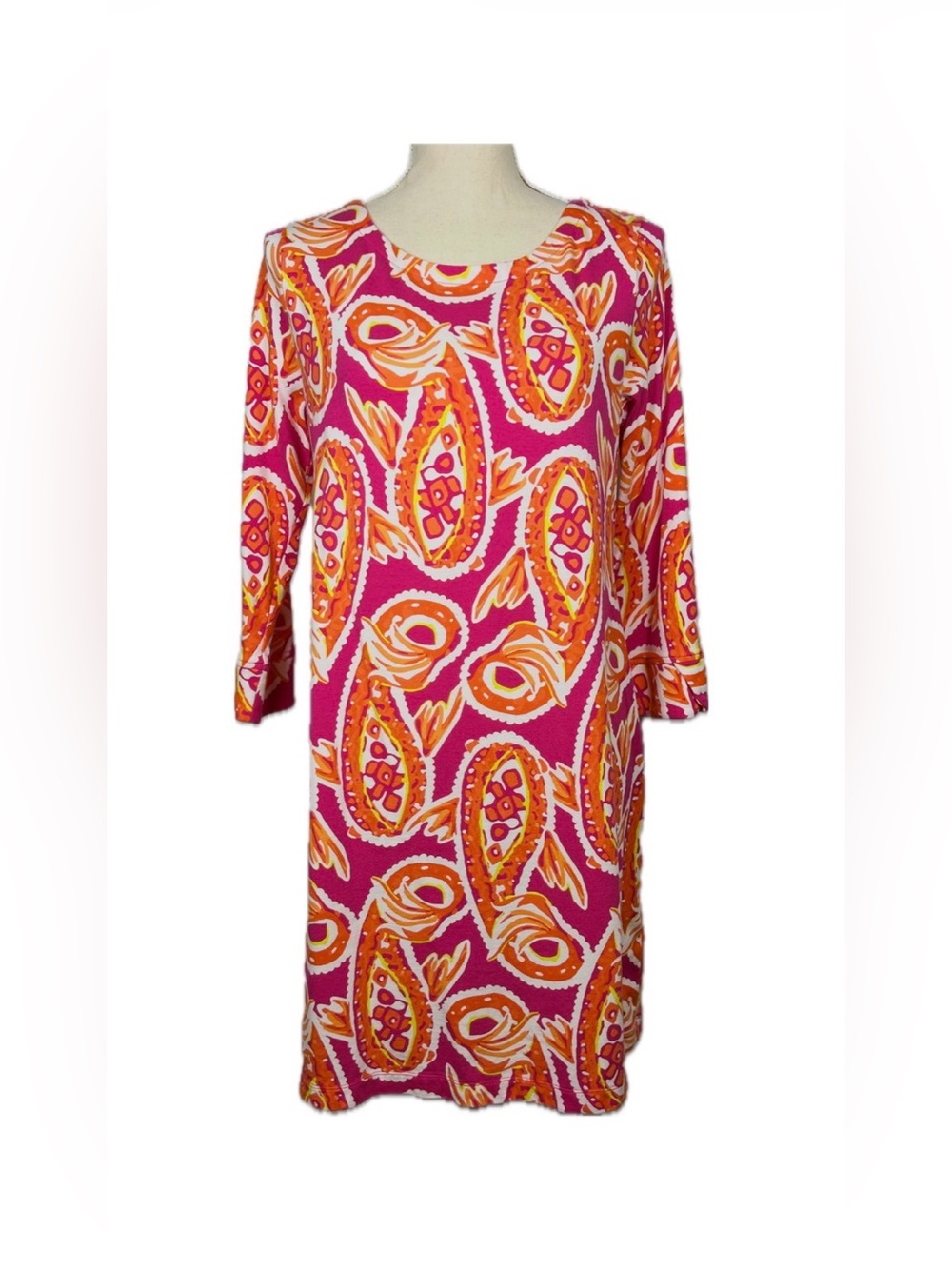 Crown & Ivy Pink Orange Paisley 3/4 Sleeve Shift Dress Size Medium Cotton Blend